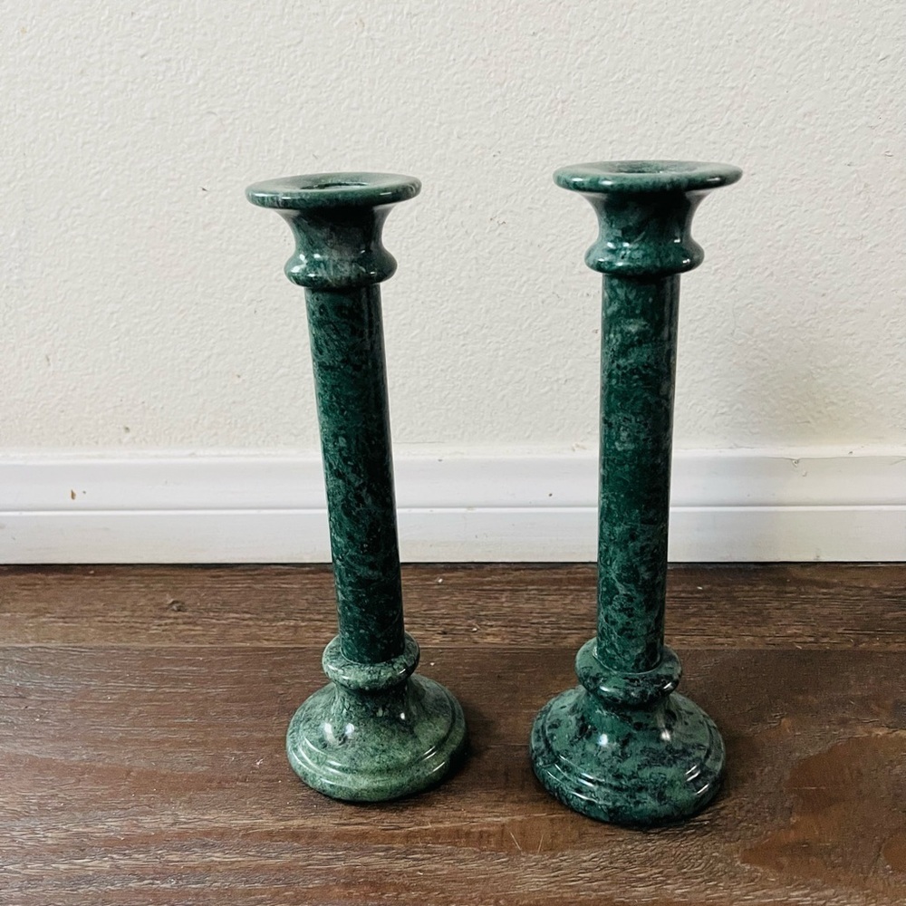 Green Marble Pillar Candle Holders - Set of 2 9.5 inches tall
